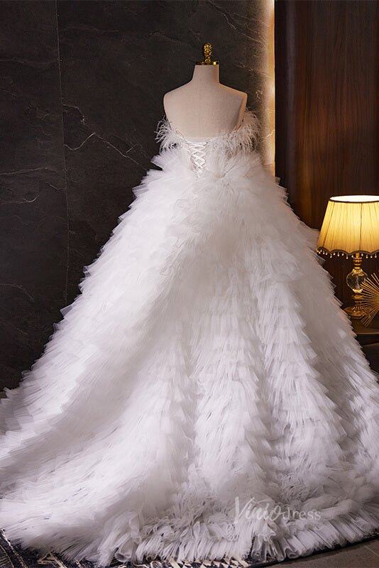 White Ruffled Quinceanera Dresses with Feathers Strapless Ball Gown AD1095-Quinceanera Dresses 2025 -Viniodress-White-Custom Size-