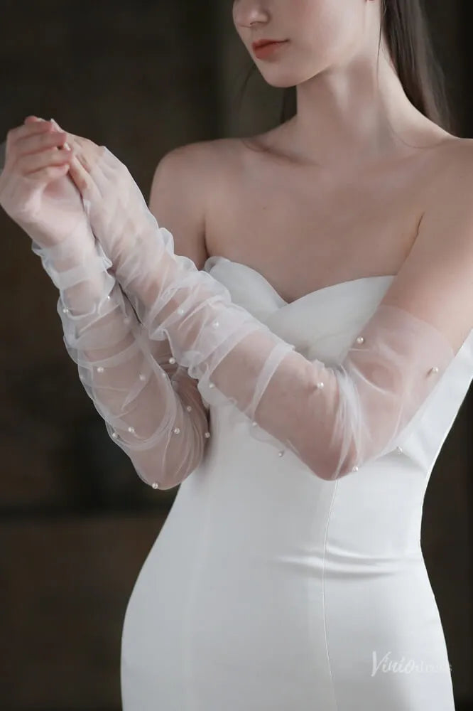 White Sheer Pearl Bridal Gloves – Long Tulle Wedding Gloves for Bride WG052-Bridal Gloves 2026-Viniodress-Ivory-