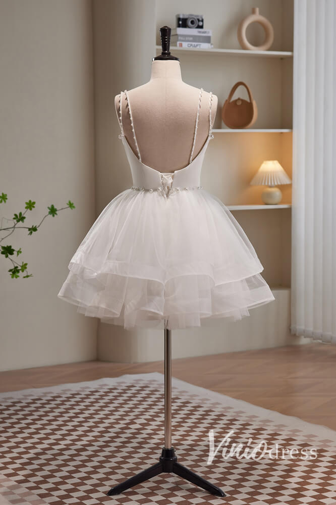 White Spaghetti Strap Homecoming Dresses Ruffled Tulle Short Prom Dres – Viniodress