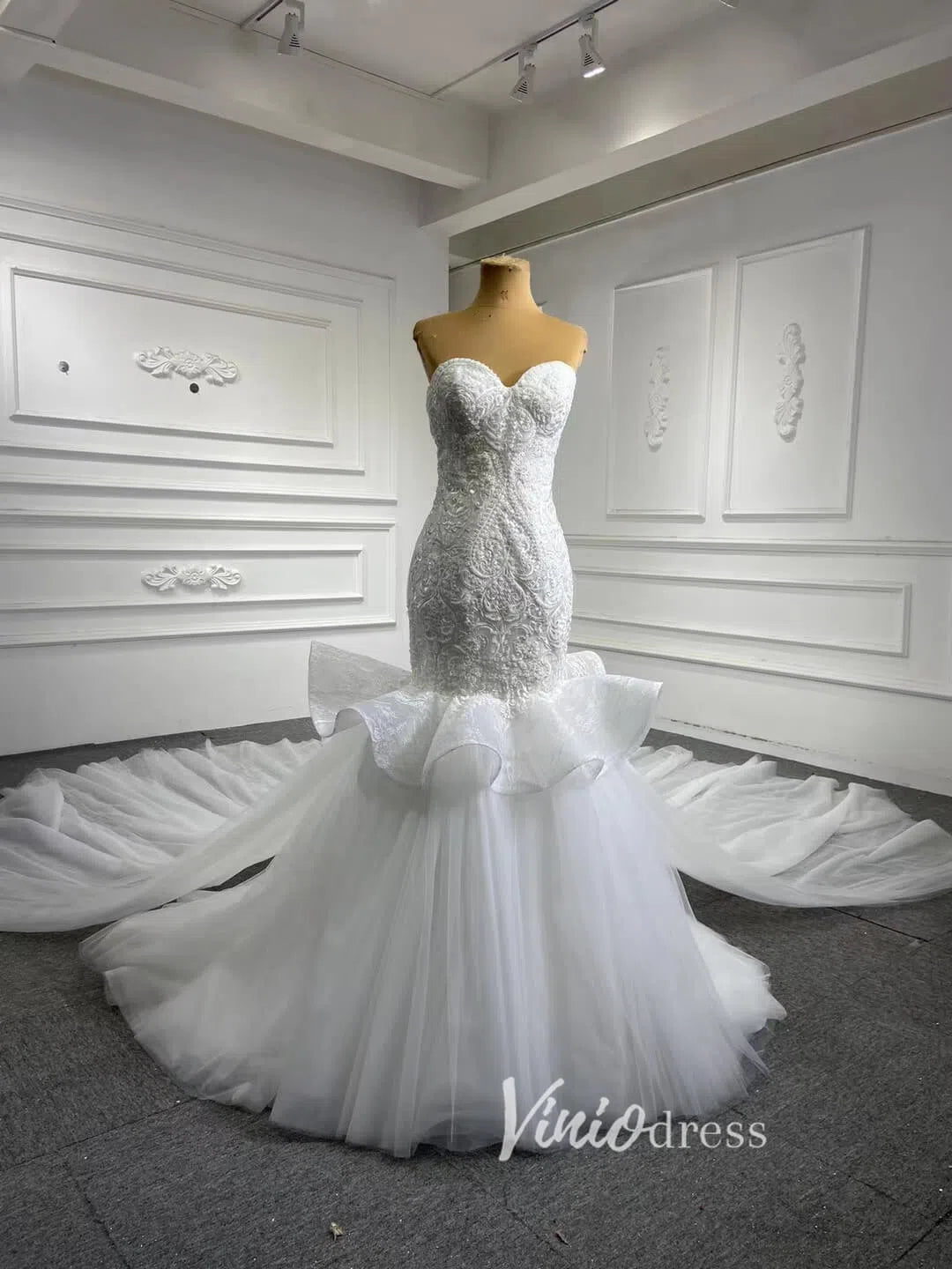White Tulle Mermaid Wedding Dresses Cathedral Train 66765-wedding dresses 2025 -Viniodress-Ivory-Custom Size-