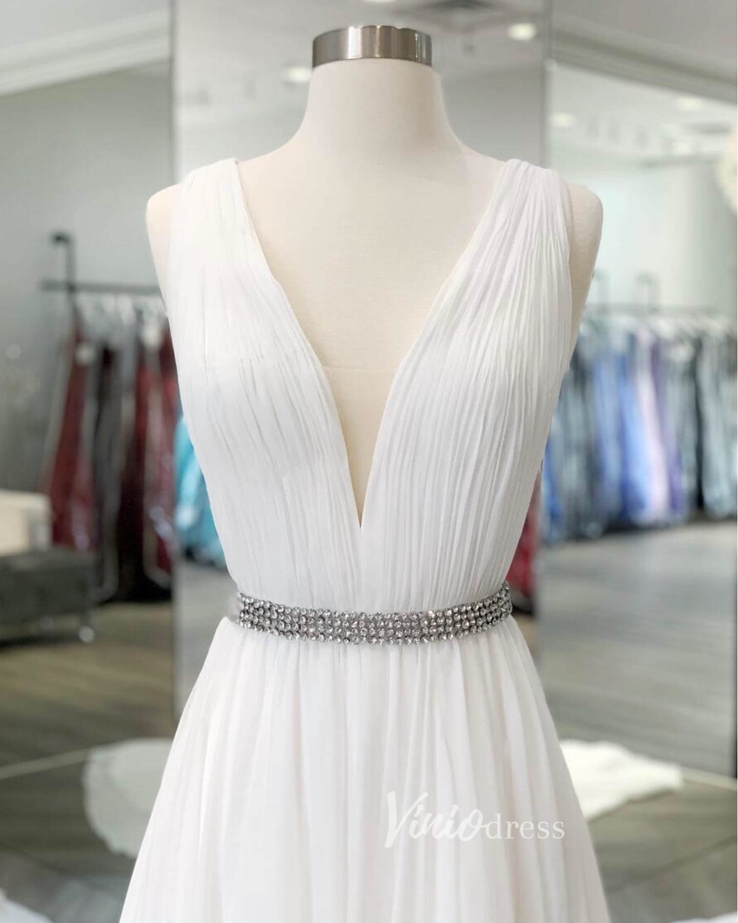 White V-Neck Prom Dresses Chiffon Wedding Dress FD3038-wedding dresses 2025 -Viniodress-Ivory-Custom Size-
