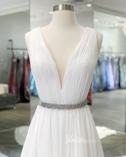 White V-Neck Prom Dresses Chiffon Wedding Dress FD3038-wedding dresses 2025 -Viniodress-Ivory-Custom Size-