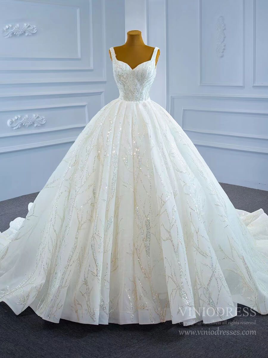Wide Strap Beaded Wedding Dress Luxury Arabic Ball Gown 67246-wedding dresses 2025 -Viniodress-Ivory-Custom Size-