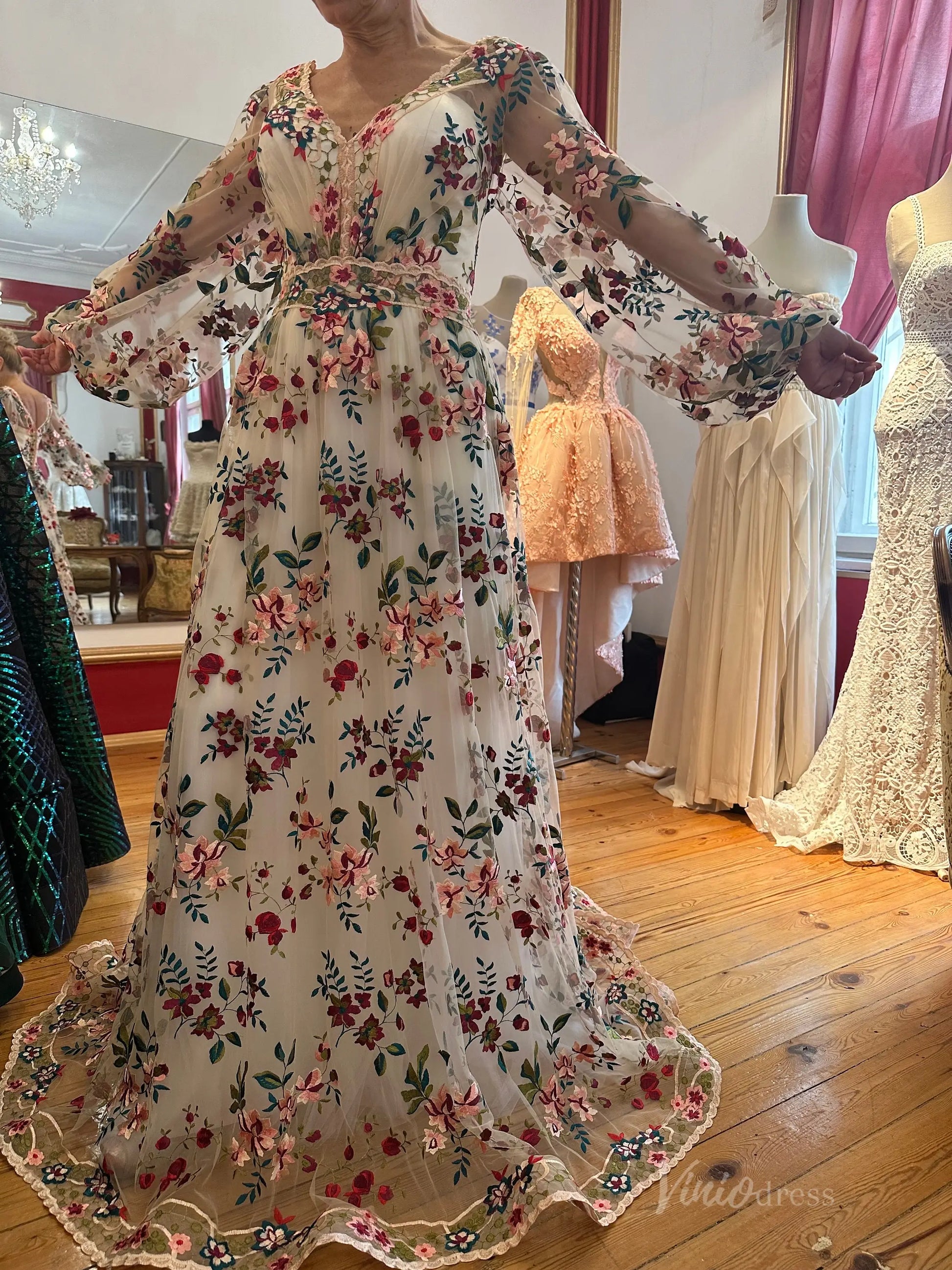Wildflower Wedding Dress with Long Sleeve Colorful Floral Embroidery Photography Dress FW106-wedding dresses 2025 -Viniodress-Champagne-Custom Size-