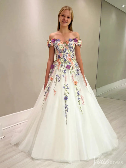Wildflower Wedding Dresses White Off the Shoulder Whimsical Floral Bal – Viniodress