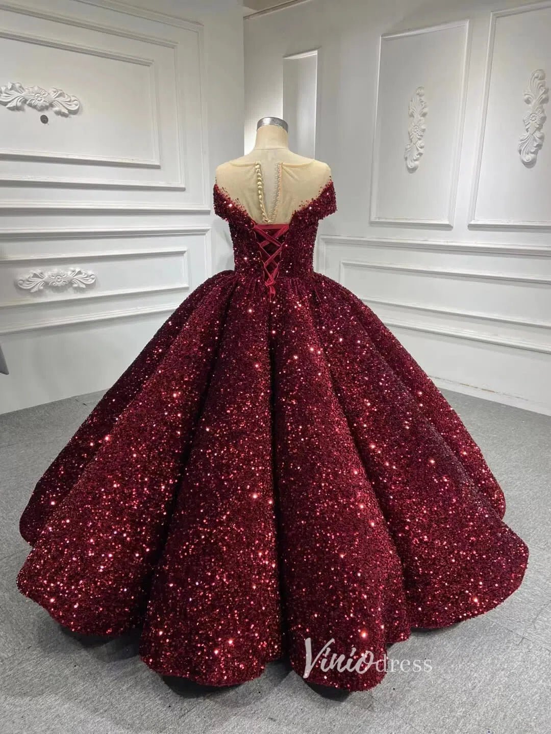 Wine Red Shiny Ball Gown for Women 66991 Round Neck, Cap Sleeve – Viniodress