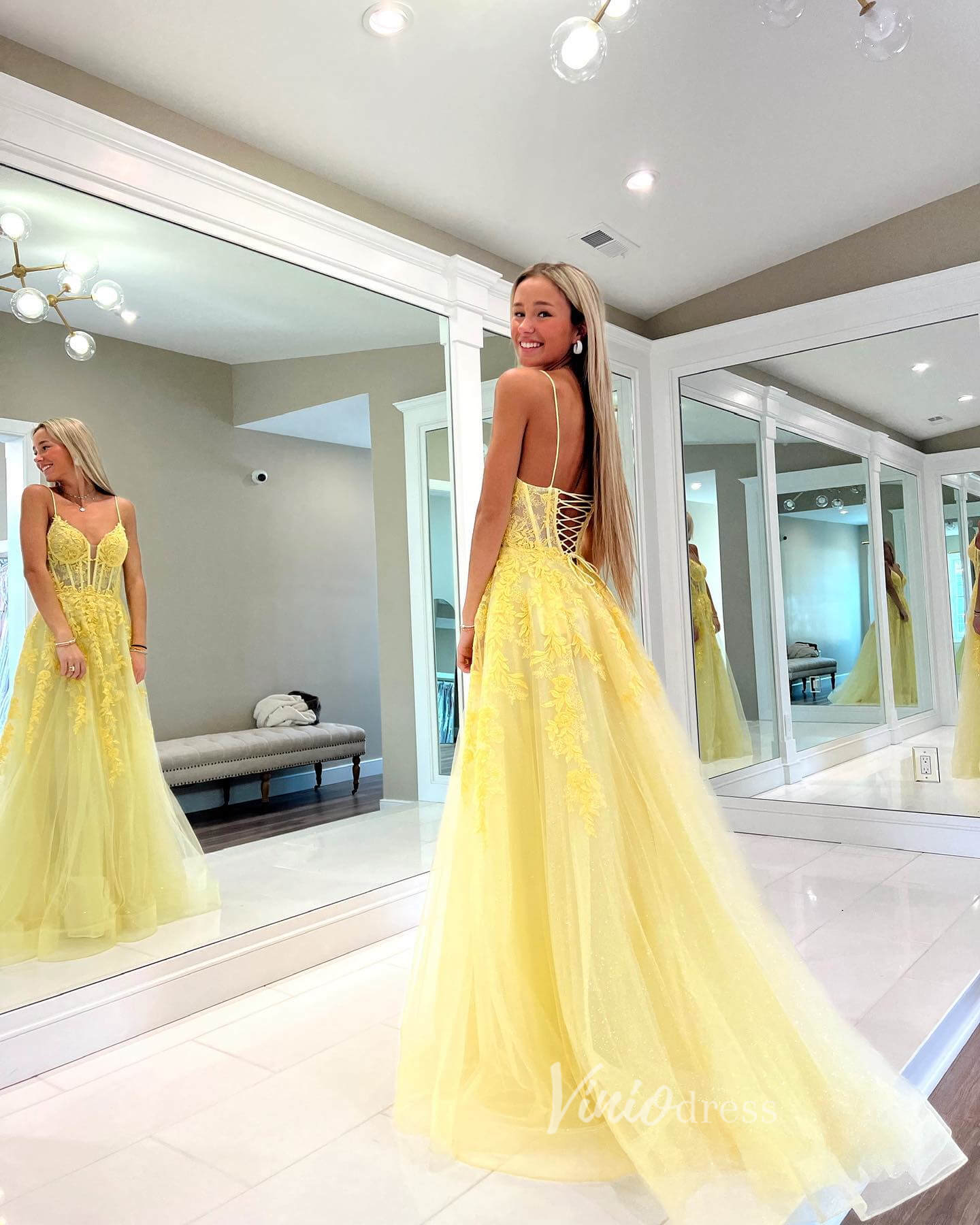 Yellow Lace Applique Prom Dresses Spaghetti Strap Evening Dress FD3632-prom dresses 2025 -Viniodress-Yellow-Custom Size-