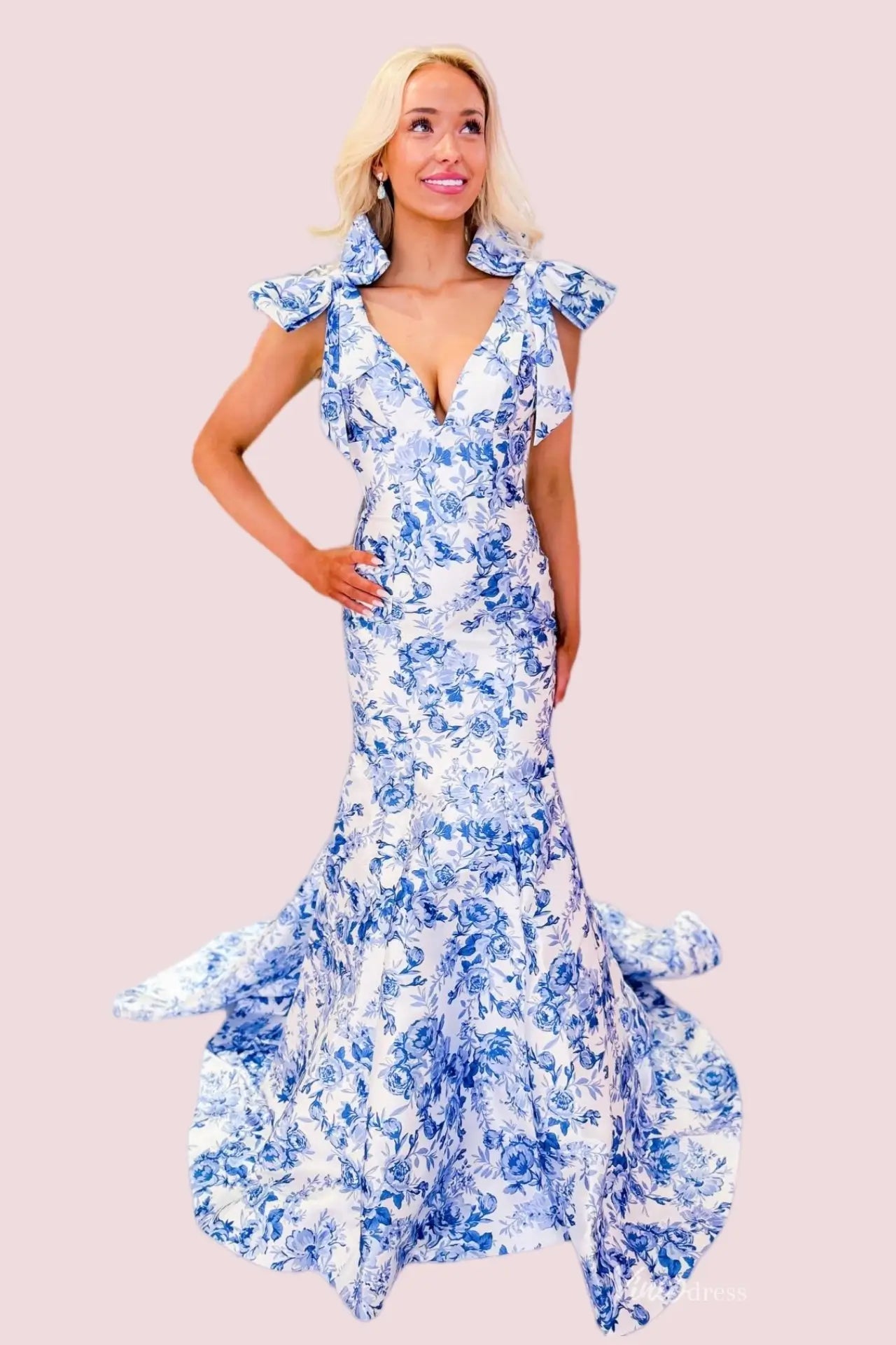 Yellow Rose Floral Mermaid Prom Dress with Bow Straps, Open Back & Deep V Neck – SS321-prom dresses 2026-Viniodress-Yellow-Custom Size – Add Measurements in Cart-