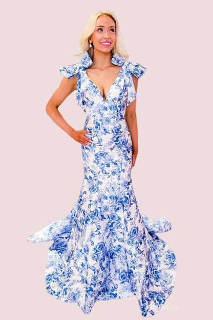 Yellow Rose Floral Mermaid Prom Dress with Bow Straps, Open Back & Deep V Neck – SS321-prom dresses 2026-Viniodress-Yellow-Custom Size – Add Measurements in Cart-
