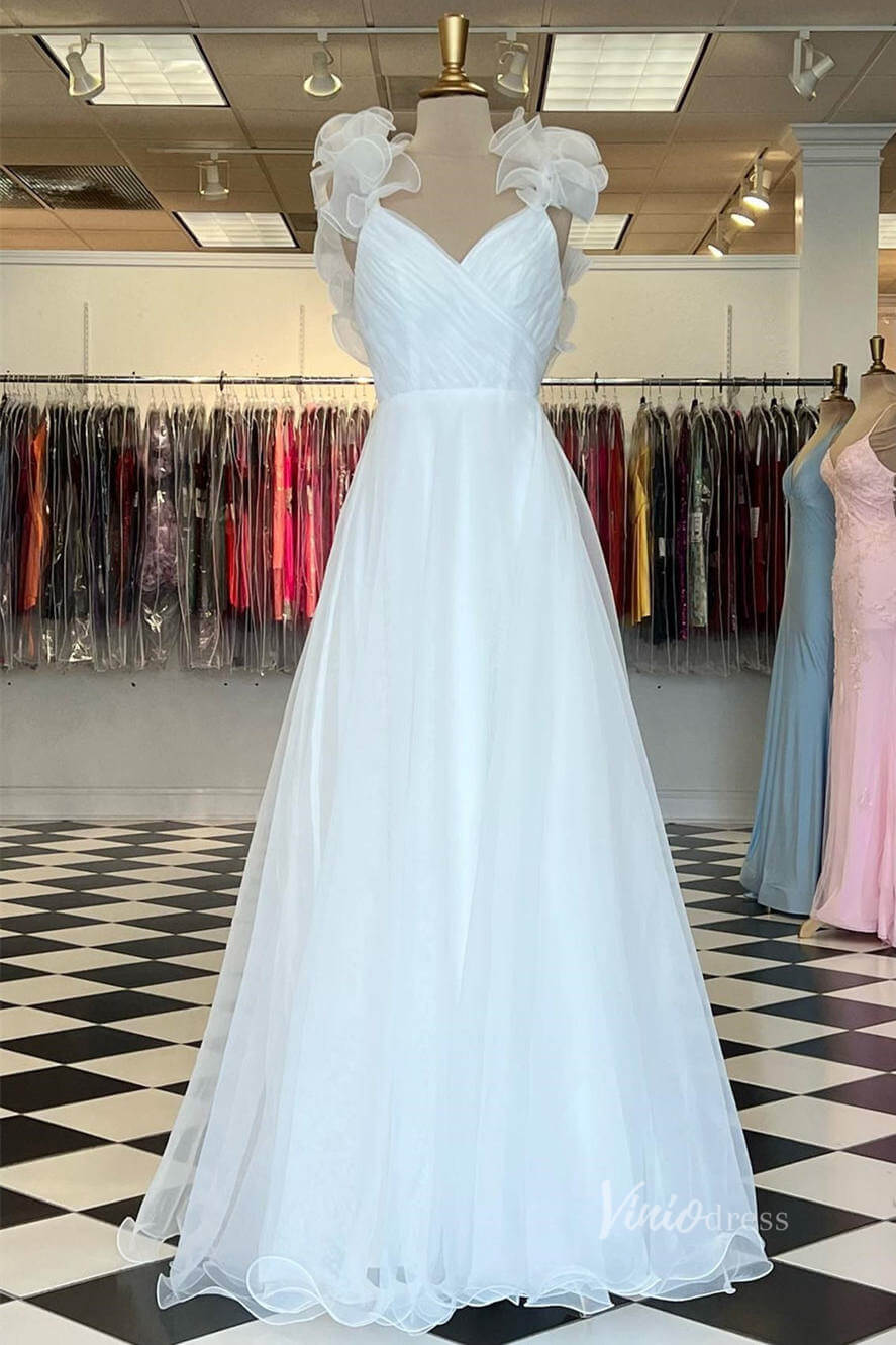 Yellow Ruffled Shoulder Prom Dresses with Slit Pleated Bodice FD3981-prom dresses 2025 -Viniodress-Ivory-Custom Size-