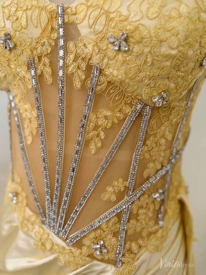 Yellow satin corset prom dress bodice with intricate floral lace, sparkling crystal embellishments, and sheer panels.