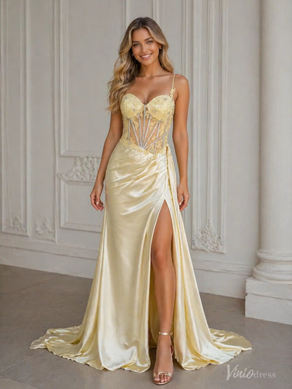 Yellow satin prom dress with a beaded corset bodice, sweetheart neckline, spaghetti straps, and a high-slit skirt.