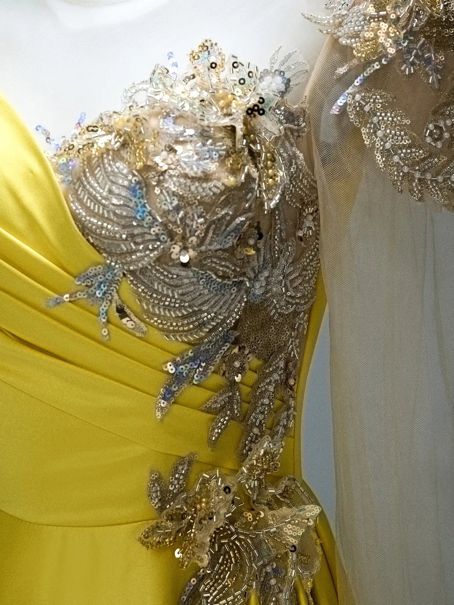 Yellow Satin Formal Gown with Slit, Beaded Lace & Sheer Long Sleeves - CQ0104-Couture Gown 2025 -Viniodress-Yellow-Custom Size-