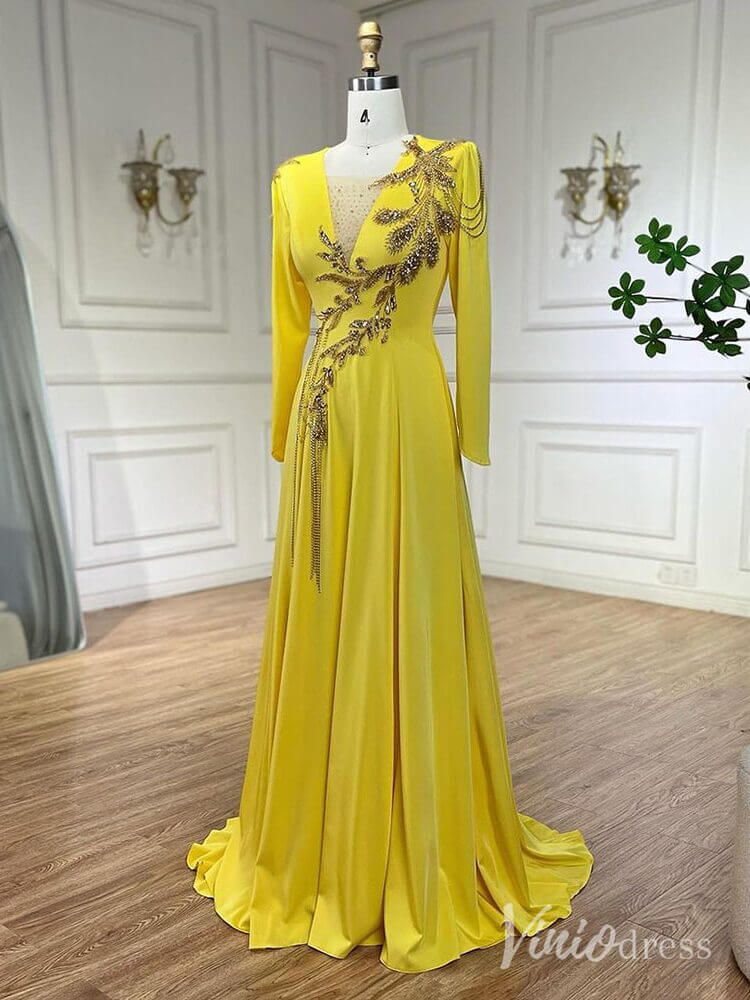 Yellow Satin Long Sleeve Prom Dresses Beaded Lace V-Neck Mother of the – Viniodress