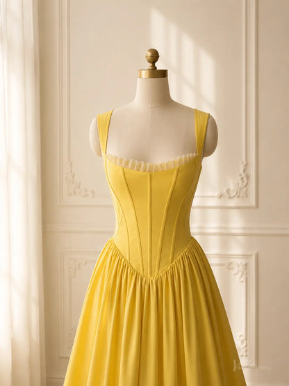 Yellow satin tea-length prom dress with a corset bodice, square neckline, ruffle trim, and a flattering Basque waist.