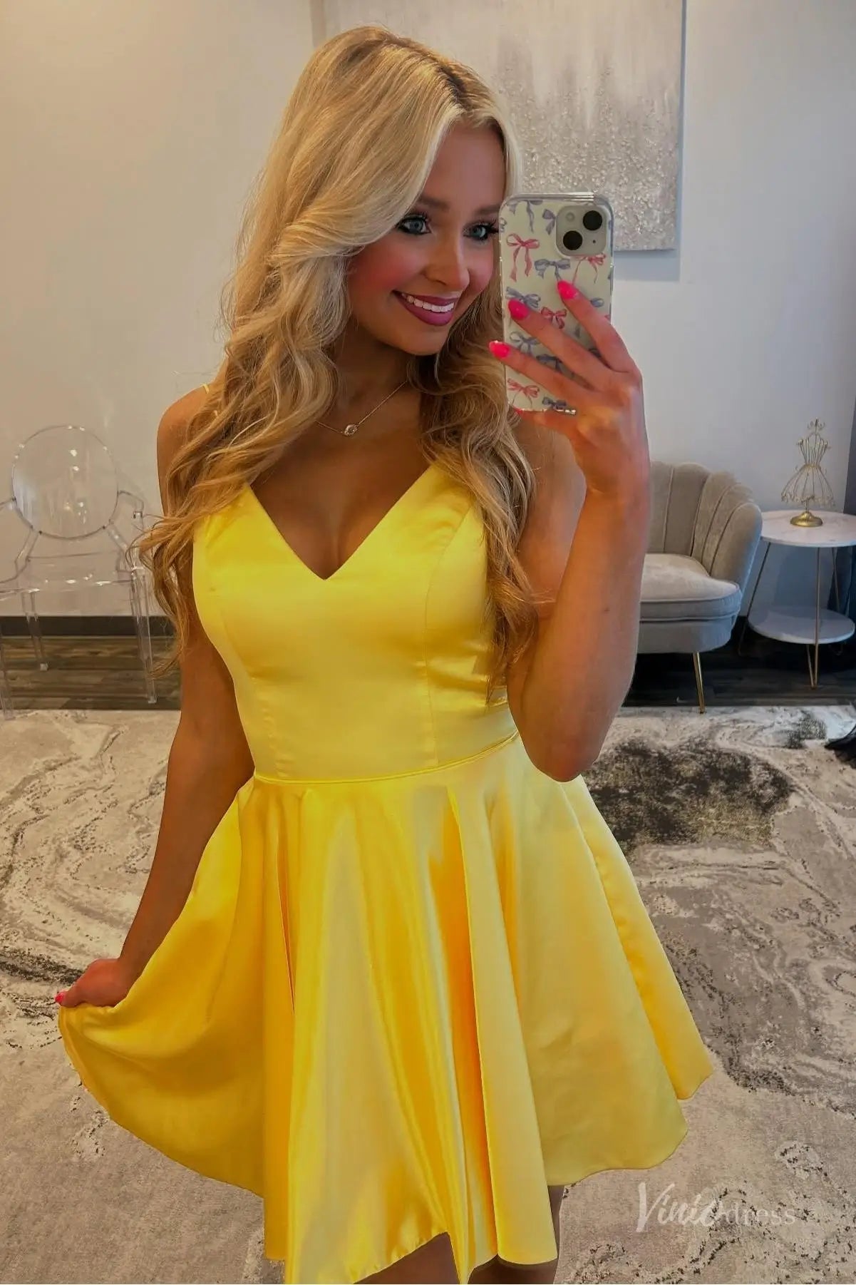 Yellow Satin V-Neck Homecoming Dress with Double Straps – H1167 – Viniodress