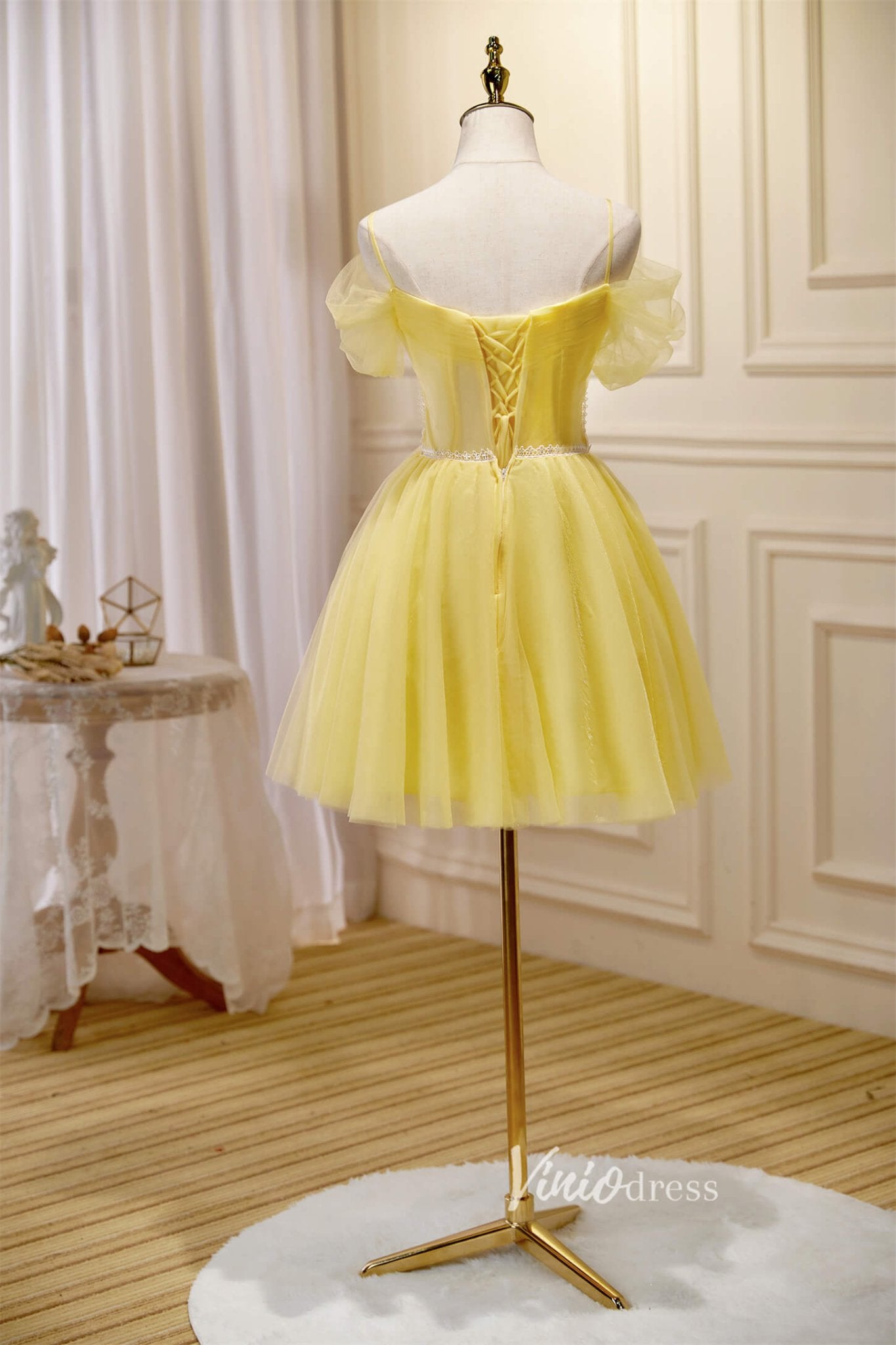 Yellow Tulle Hoco Dresses Spaghetti Strap Graduation Dresses SD1536-Dresses 2025 -Viniodress-Yellow-Custom Size-