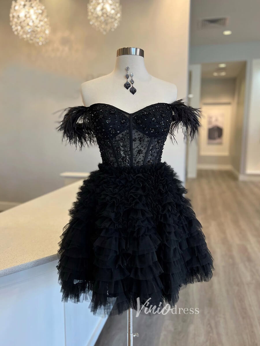 A-line Baby Blue Ruffle Homecoming Dresses Off Shoulder Feather Graduation Dress SD1526-Homecoming Dresses 2025 -Viniodress-Black-Custom Size-