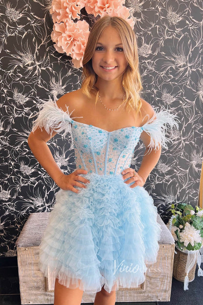 A-line Baby Blue Ruffle Homecoming Dresses Off Shoulder Feather Graduation Dress SD1526-Homecoming Dresses 2025 -Viniodress-Light Blue-Custom Size-