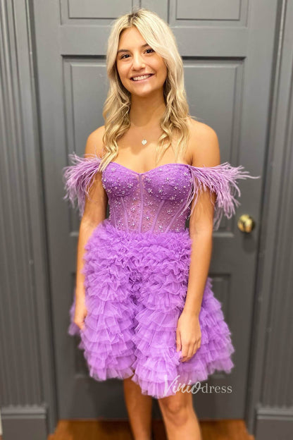 A-line Baby Blue Ruffle Homecoming Dresses Off Shoulder Feather Graduation Dress SD1526-Homecoming Dresses 2025 -Viniodress-Light Blue-Custom Size-