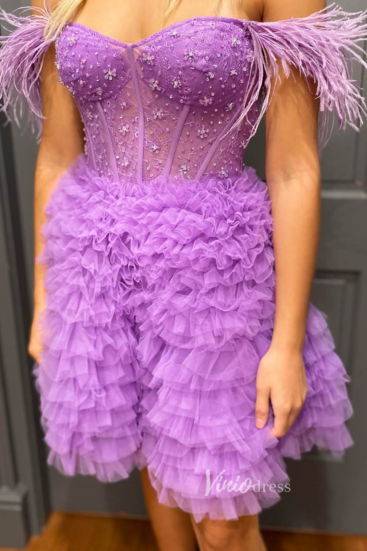 A-line Baby Blue Ruffle Homecoming Dresses Off Shoulder Feather Graduation Dress SD1526-Homecoming Dresses 2025 -Viniodress-Light Blue-Custom Size-