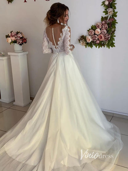 A-Line Boho Wedding Dress | Lace Bodice Tulle Gown with Sheer Sleeves & Illusion Back with Buttons VW2103B-wedding dresses 2025 -Viniodress-Champagne-Custom Size-