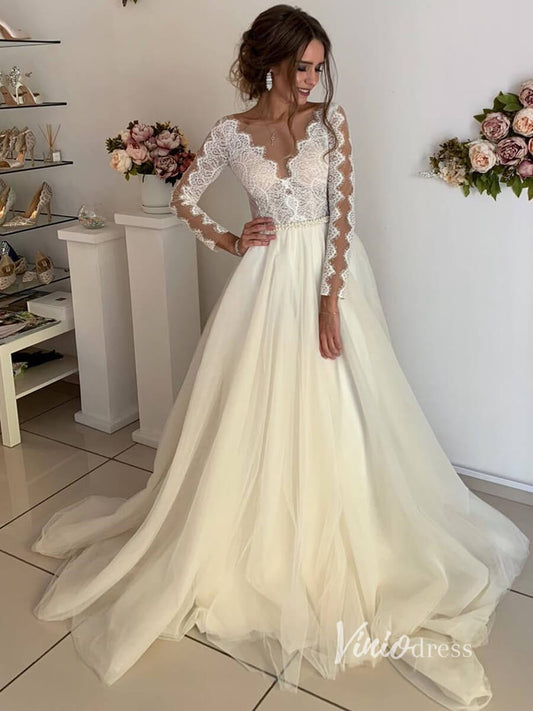A-Line Boho Wedding Dress | Lace Bodice Tulle Gown with Sheer Sleeves & Illusion Back with Buttons VW2103B-wedding dresses 2025 -Viniodress-Champagne-Custom Size-