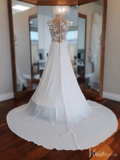 A-Line Chiffon Wedding Dress | Lace Appliqué Bodice with Cap Sleeves, Illusion Boat Neck & Chapel Train – VW2538-wedding dresses 2025 -Viniodress-Ivory-Custom Size-