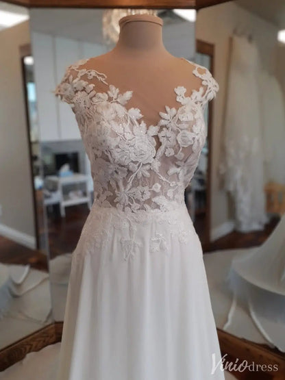 A-Line Chiffon Wedding Dress | Lace Appliqué Bodice with Cap Sleeves, Illusion Boat Neck & Chapel Train – VW2538-wedding dresses 2025 -Viniodress-Ivory-Custom Size-
