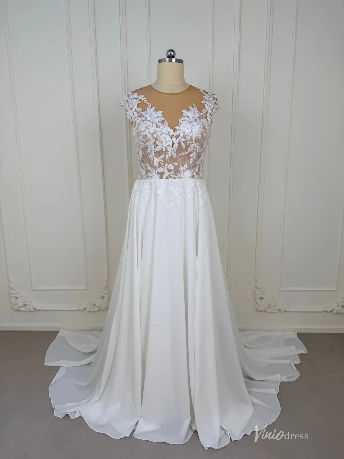 A-Line Chiffon Wedding Dress | Lace Appliqué Bodice with Cap Sleeves, Illusion Boat Neck & Chapel Train – VW2538-wedding dresses 2026-Viniodress-Ivory-Custom Size – Add Measurements in Cart-