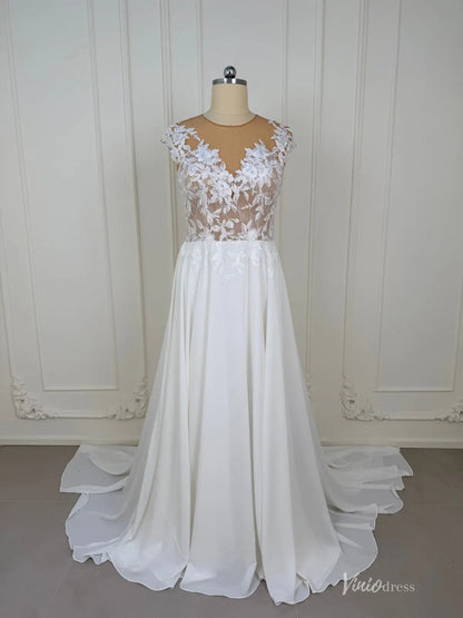 A-Line Chiffon Wedding Dress | Lace Appliqué Bodice with Cap Sleeves, Illusion Boat Neck & Chapel Train – VW2538-wedding dresses 2026-Viniodress-Ivory-Custom Size – Add Measurements in Cart-