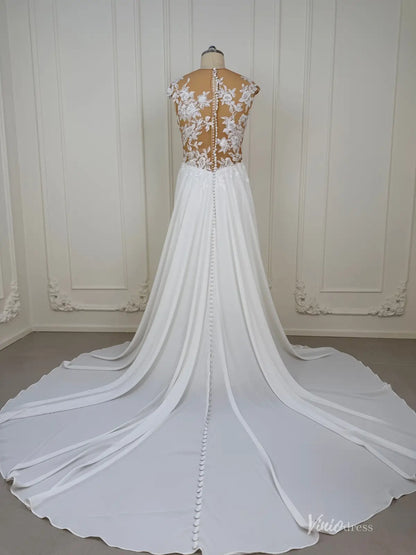 A-Line Chiffon Wedding Dress | Lace Appliqué Bodice with Cap Sleeves, Illusion Boat Neck & Chapel Train – VW2538-wedding dresses 2026-Viniodress-Ivory-Custom Size – Add Measurements in Cart-