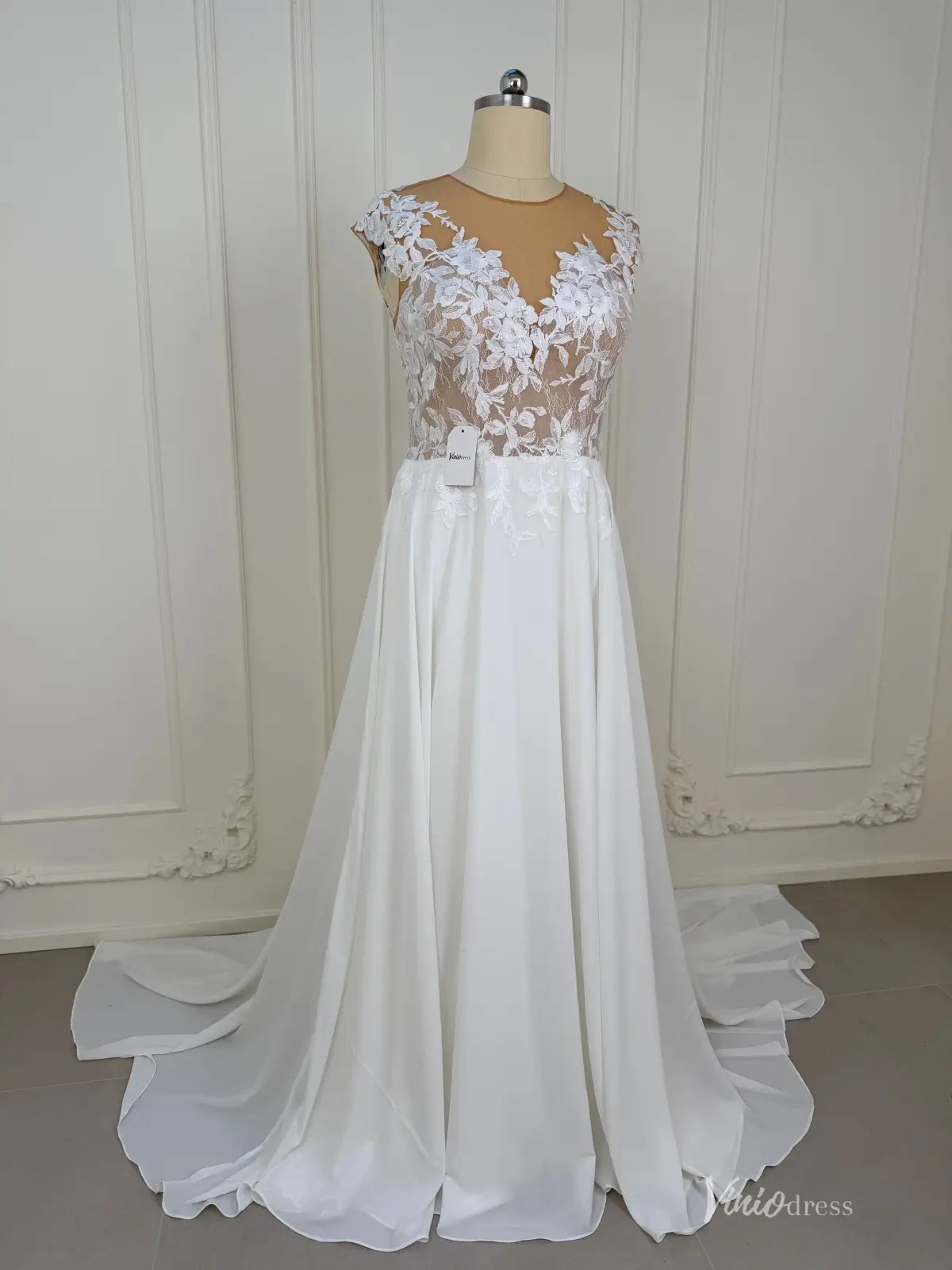 A-Line Chiffon Wedding Dress | Lace Appliqué Bodice with Cap Sleeves, Illusion Boat Neck & Chapel Train – VW2538-wedding dresses 2026-Viniodress-Ivory-Custom Size – Add Measurements in Cart-