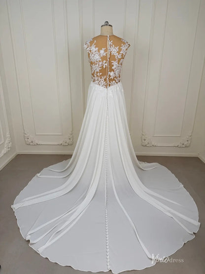 A-Line Chiffon Wedding Dress | Lace Appliqué Bodice with Cap Sleeves, Illusion Boat Neck & Chapel Train – VW2538-wedding dresses 2026-Viniodress-Ivory-Custom Size – Add Measurements in Cart-