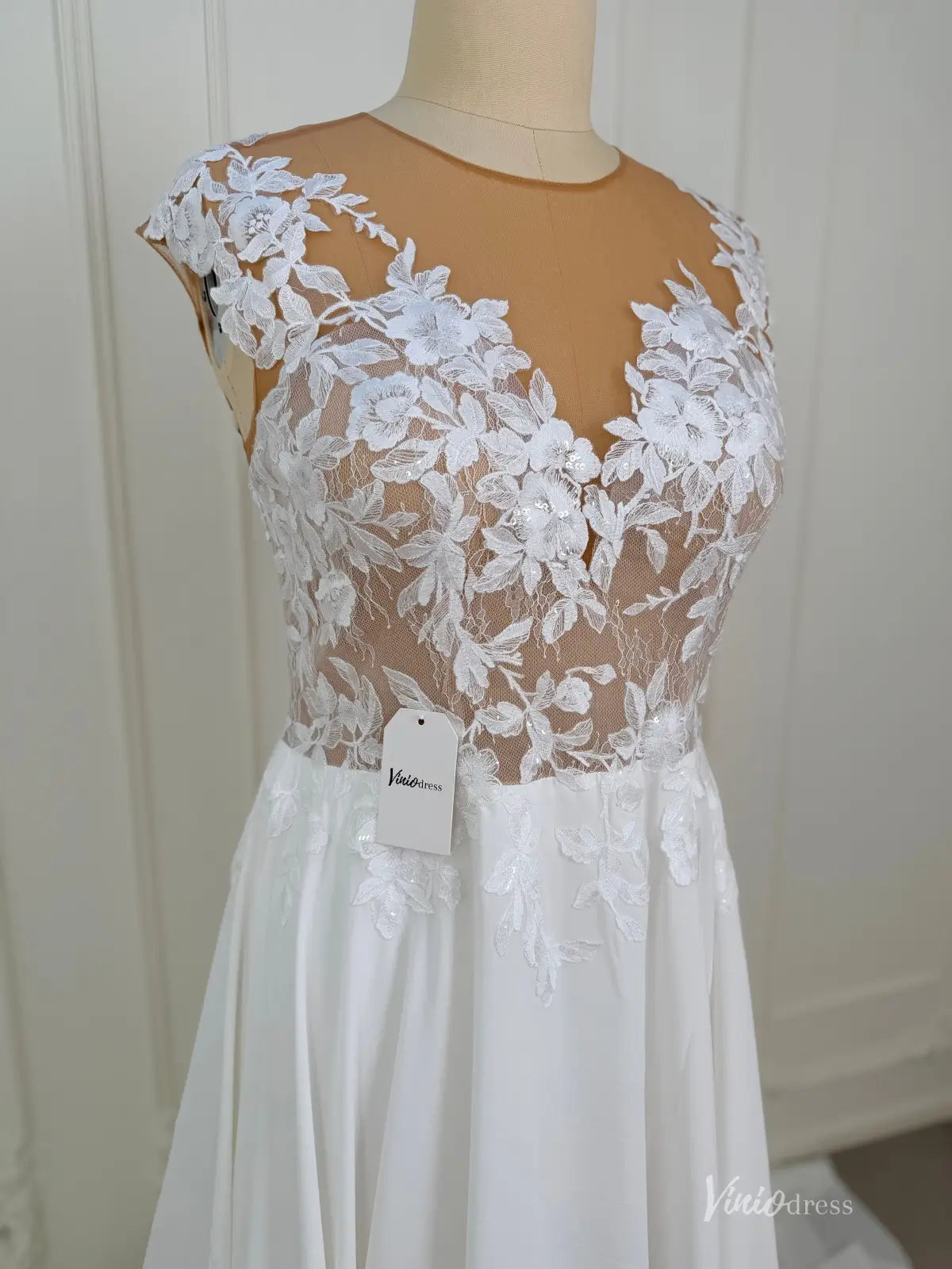 A-Line Chiffon Wedding Dress | Lace Appliqué Bodice with Cap Sleeves, Illusion Boat Neck & Chapel Train – VW2538-wedding dresses 2026-Viniodress-Ivory-Custom Size – Add Measurements in Cart-