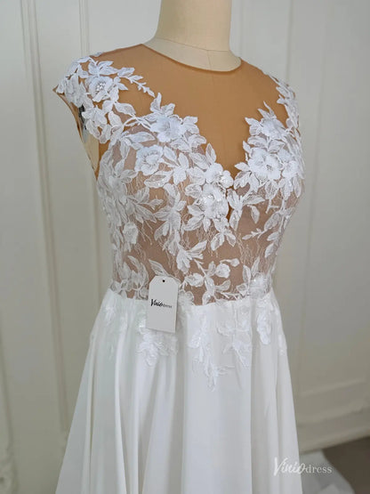 A-Line Chiffon Wedding Dress | Lace Appliqué Bodice with Cap Sleeves, Illusion Boat Neck & Chapel Train – VW2538-wedding dresses 2026-Viniodress-Ivory-Custom Size – Add Measurements in Cart-