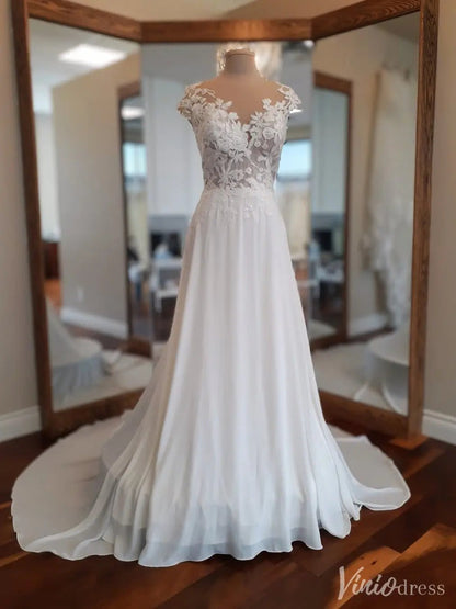 A-Line Chiffon Wedding Dress | Lace Appliqué Bodice with Cap Sleeves, Illusion Boat Neck & Chapel Train – VW2538-wedding dresses 2025 -Viniodress-Ivory-Custom Size-
