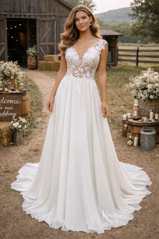 A-Line Chiffon Wedding Dress | Lace Appliqué Bodice with Cap Sleeves, Illusion Boat Neck & Chapel Train – VW2538-wedding dresses 2026-Viniodress-Ivory-Custom Size – Add Measurements in Cart-