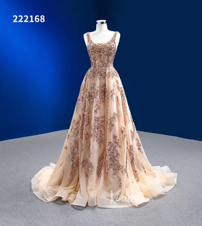 A-line Gold Prom Dress Sparkly Long Pageant Dress 222168-prom dresses 2025 -Viniodress-Gold-Custom Size-