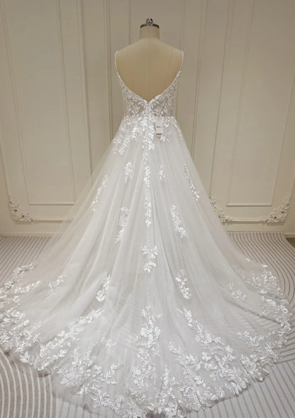A-line Lace Appliqued Country Wedding Dress Spaghetti Strap Bridal Gown VW2078-wedding dresses 2025 -Viniodress-Champagne-Custom Size-