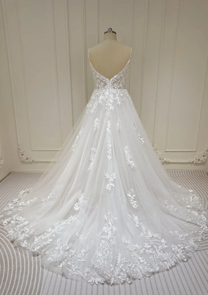A-line Lace Appliqued Country Wedding Dress Spaghetti Strap Bridal Gown VW2078-wedding dresses 2025 -Viniodress-Champagne-Custom Size-