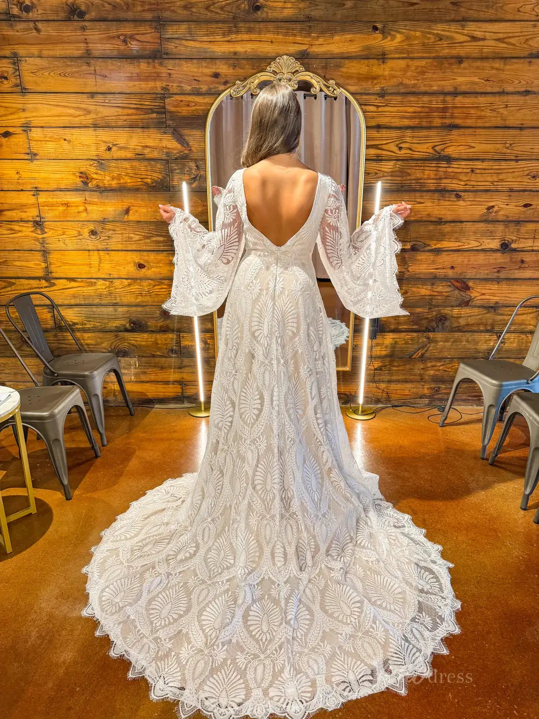A-Line Lace Boho Wedding Dress with Batwing Sleeves | Plunging V-Neck, Backless BH104-wedding dresses 2025 -Viniodress-Champagne-Custom Size-