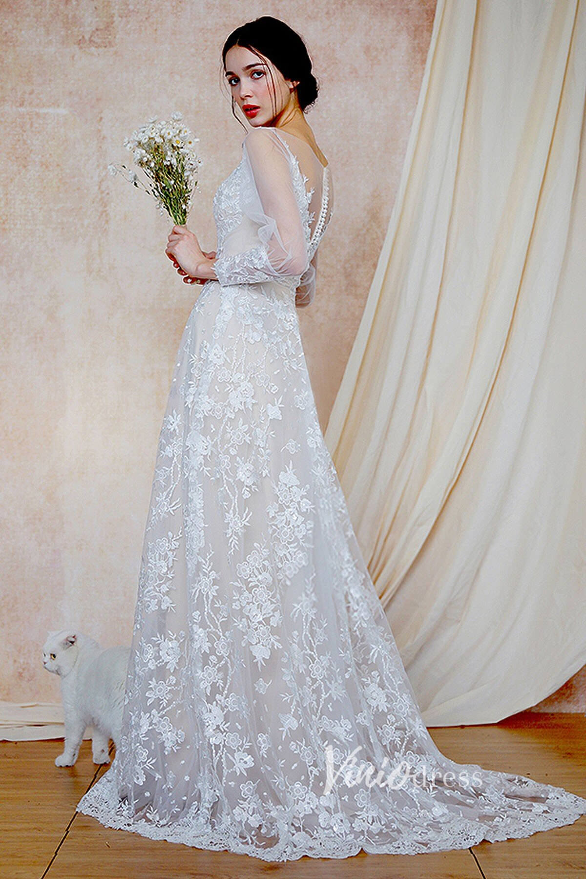 A-line Lace Boho Wedding Dresses Long Sleeve Bridal Dress VW2203-wedding dresses-Viniodress-Viniodress