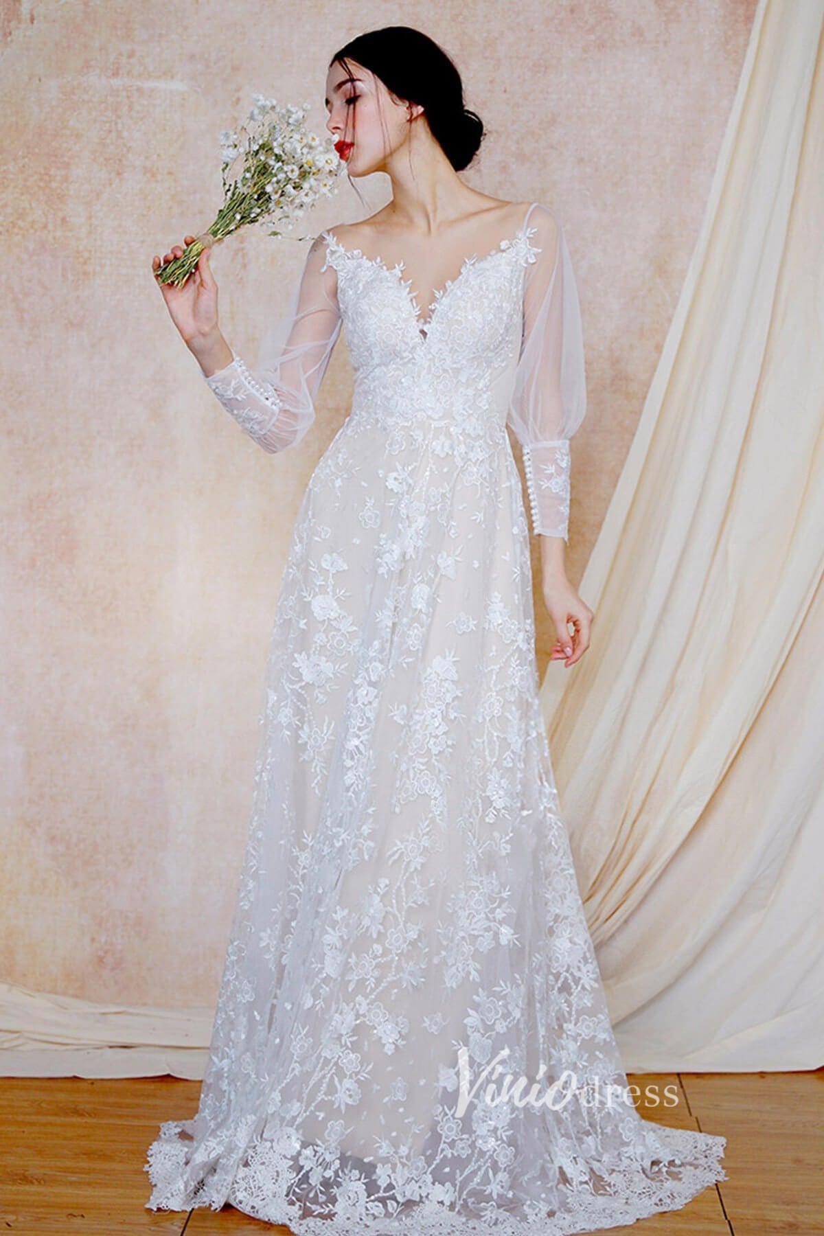 A-line Lace Boho Wedding Dresses Long Sleeve Bridal Dress VW2203-wedding dresses-Viniodress-Viniodress