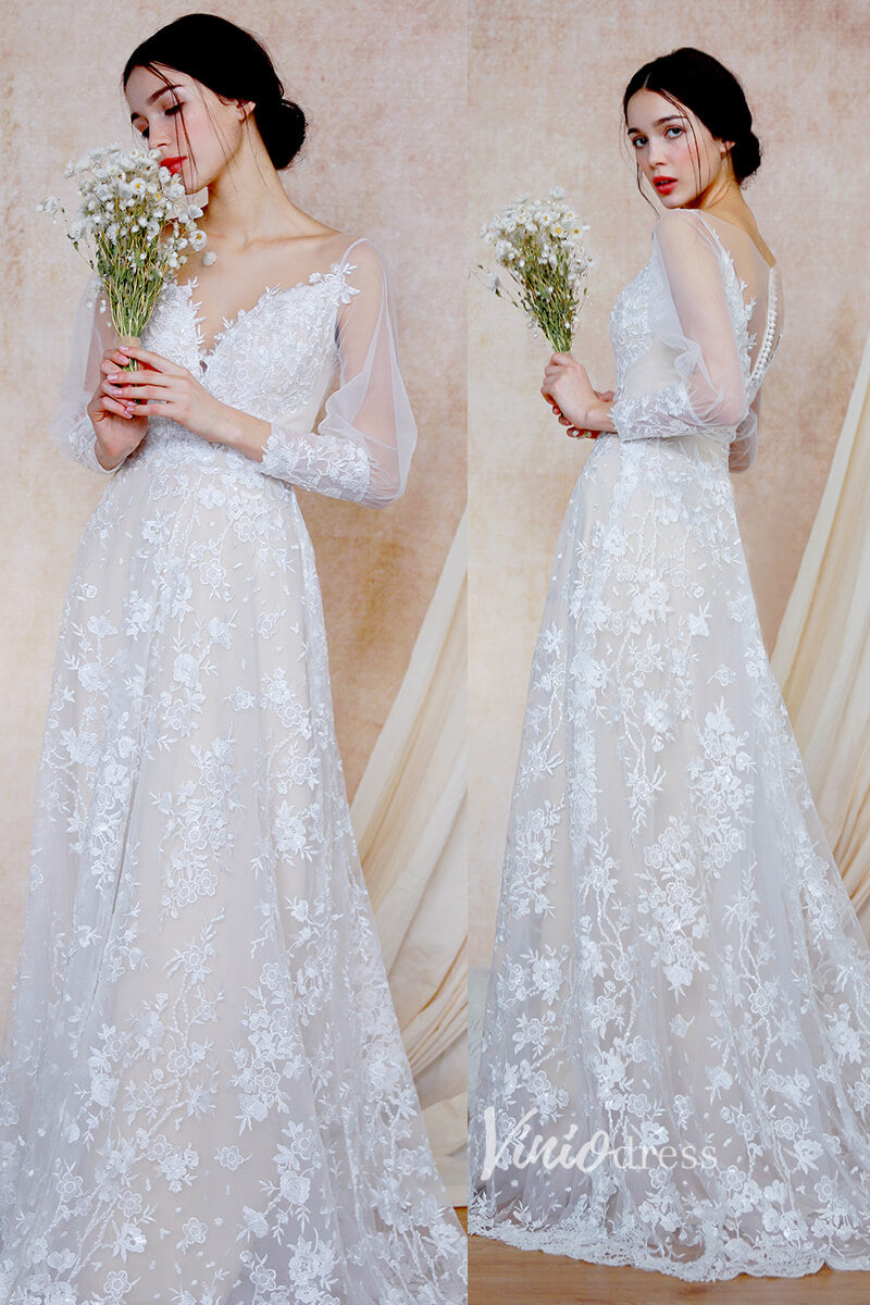 A-line Lace Boho Wedding Dresses Long Sleeve Bridal Dress VW2203-wedding dresses-Viniodress-Ivory-Custom Size-Viniodress