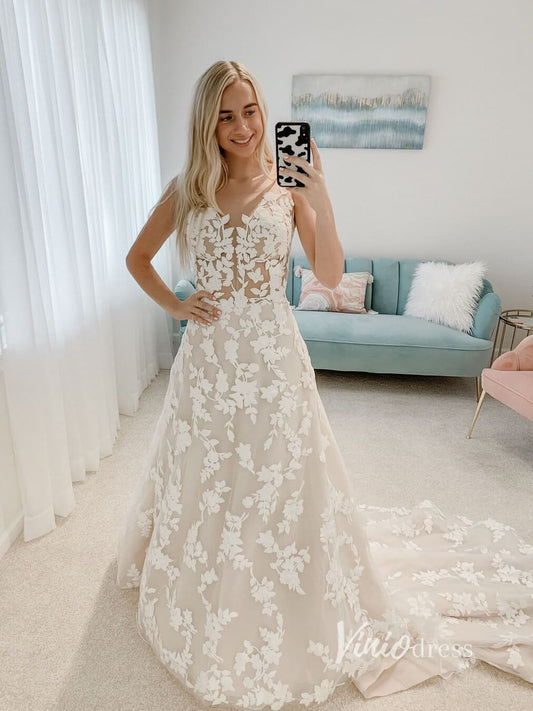 A-line Lace Wedding Dresses V-neck Ivory Country Bridal Dress VW2124-wedding dresses 2025 -Viniodress-Champagne-Custom Size-