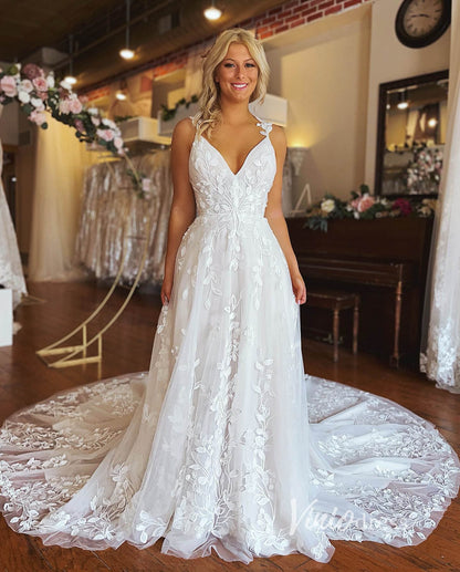 A-line Leaf Lace Appliqued Wedding Dresses with Long Train VW2118-wedding dresses 2025 -Viniodress-Ivory-Custom Size-