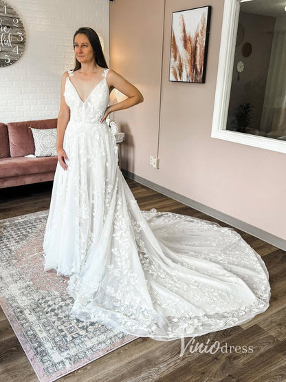 A-line Leaf Lace Appliqued Wedding Dresses with Long Train VW2118-wedding dresses 2025 -Viniodress-Ivory-Custom Size-
