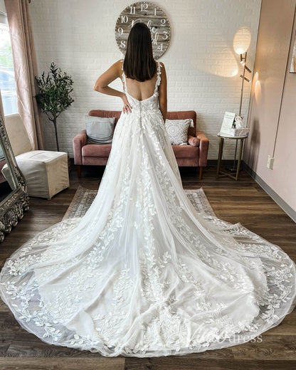 A-line Leaf Lace Appliqued Wedding Dresses with Long Train VW2118-wedding dresses 2025 -Viniodress-Ivory-Custom Size-