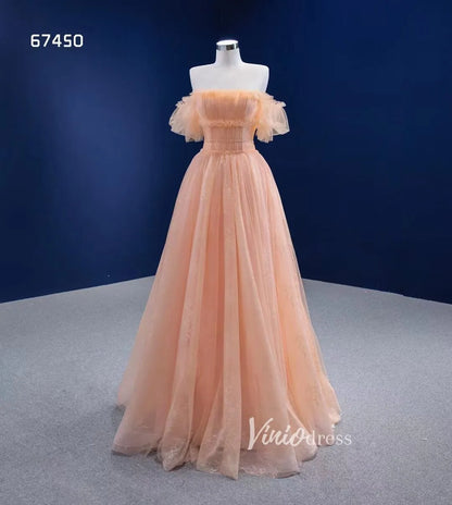 A-line Peach Tulle Prom Dresses Off the Shoulder Long Formal Dress 67450-prom dresses 2025 -Viniodress-Peach-Custom Size-